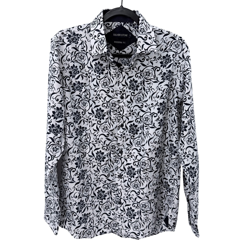 Silver Stone Mens Modern Fit Floral Scroll Button Down Shirt Blue White Large